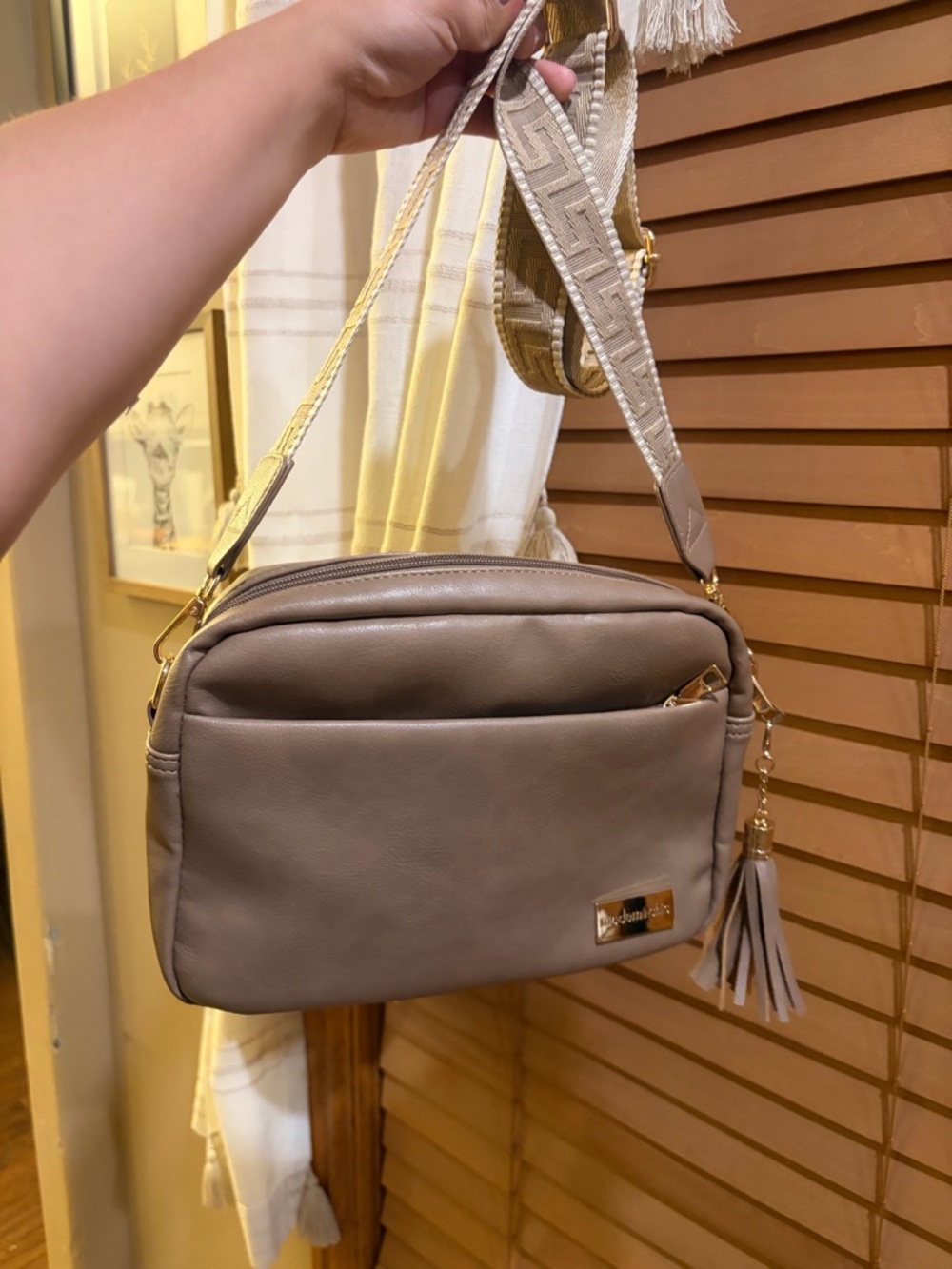 Modern & Chic Taupe Crossbody with Detachable Patterned Strap